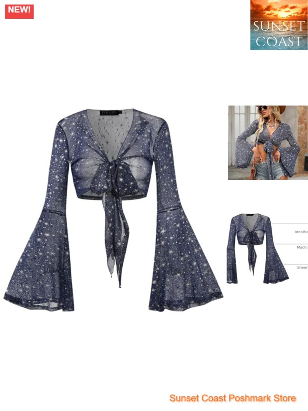 Women Tie Front Bell Sleeve Floral Print Sheer Mesh Crop Top Boho Festival